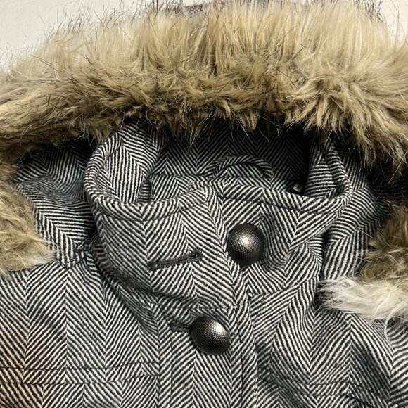 Esprit Women’s M Wool Blend Herringbone Coat Faux Fur Hood Button Front Winter - Picture 4 of 15